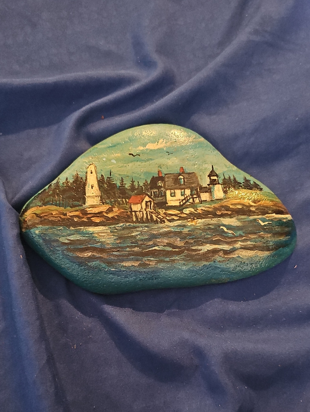 VINTAGE BILL PAXTON Original Hand-Painted Coastal Lighthouse Rock Art